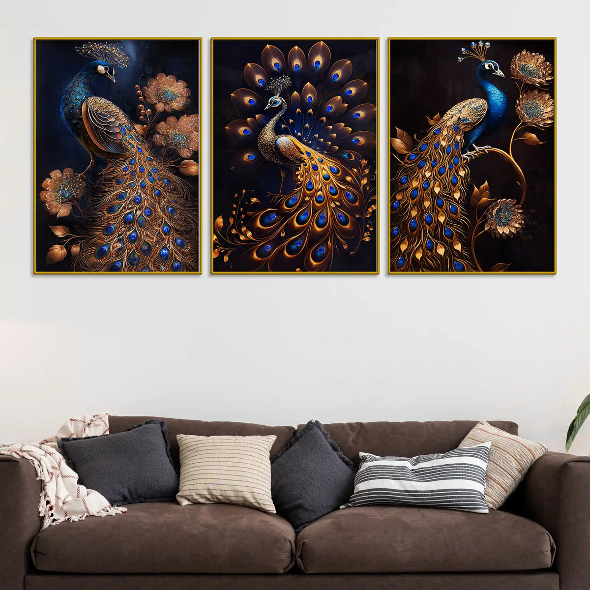 Royal Gold Peacock with Blue Jewel Tones Floating Frame Crystal Wall Painting Set of 3