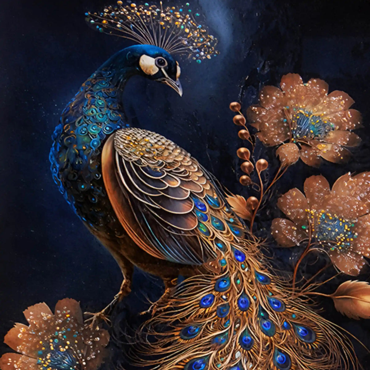 Royal Gold Peacock with Blue Jewel Tones Floating Frame Crystal Wall Painting Set of 3