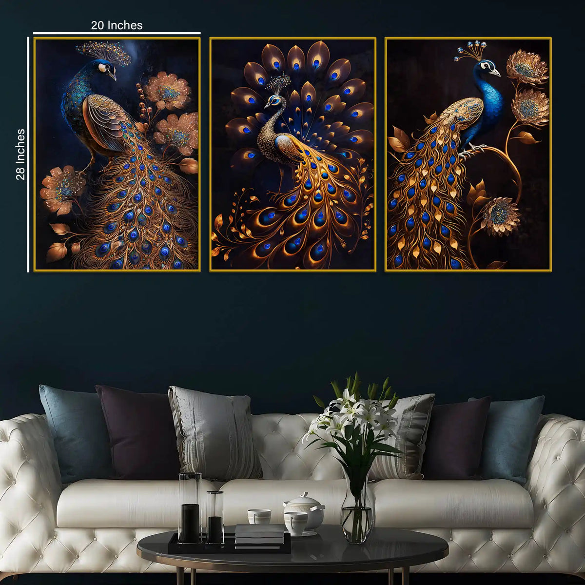 Royal Gold Peacock with Blue Jewel Tones Floating Frame Crystal Wall Painting Set of 3