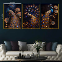 Royal Gold Peacock with Blue Jewel Tones Floating Frame Crystal Wall Painting Set of 3