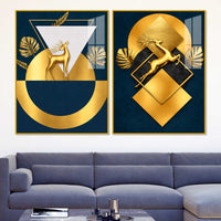 Royal Golden Deer Modern Geometric Acrylic Floating Wall Painting Set of 2