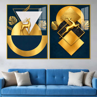 Royal Golden Deer Modern Geometric Acrylic Floating Wall Painting Set of 2