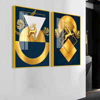 Royal Golden Deer Modern Geometric Acrylic Floating Wall Painting Set of 2