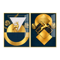 Royal Golden Deer Modern Geometric Acrylic Floating Wall Painting Set of 2