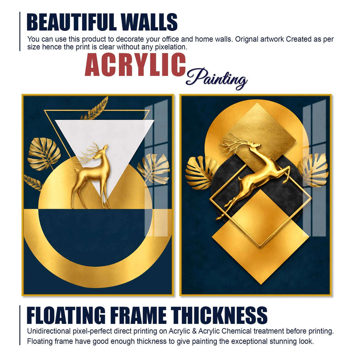 Royal Golden Deer Modern Geometric Acrylic Floating Wall Painting Set of 2