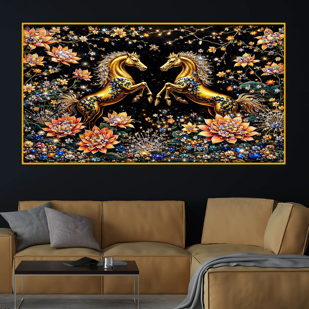 Royal Horse Pair Crystal Glass Wall Art Luxury Painting for Interior Decor