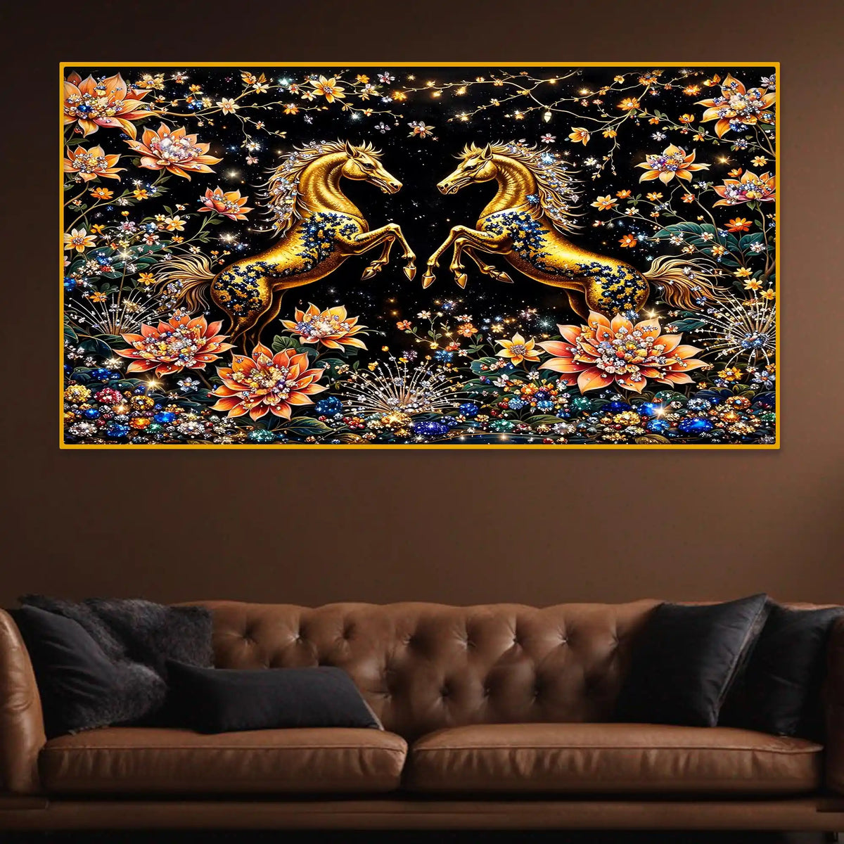 Royal Horse Pair Crystal Glass Wall Art Luxury Painting for Interior Decor