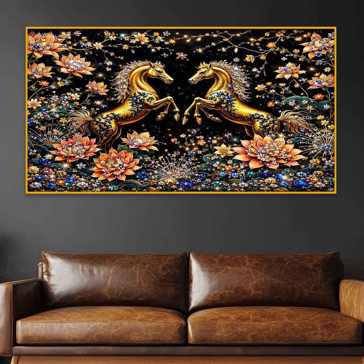 Royal Horse Pair Crystal Glass Wall Art Luxury Painting for Interior Decor