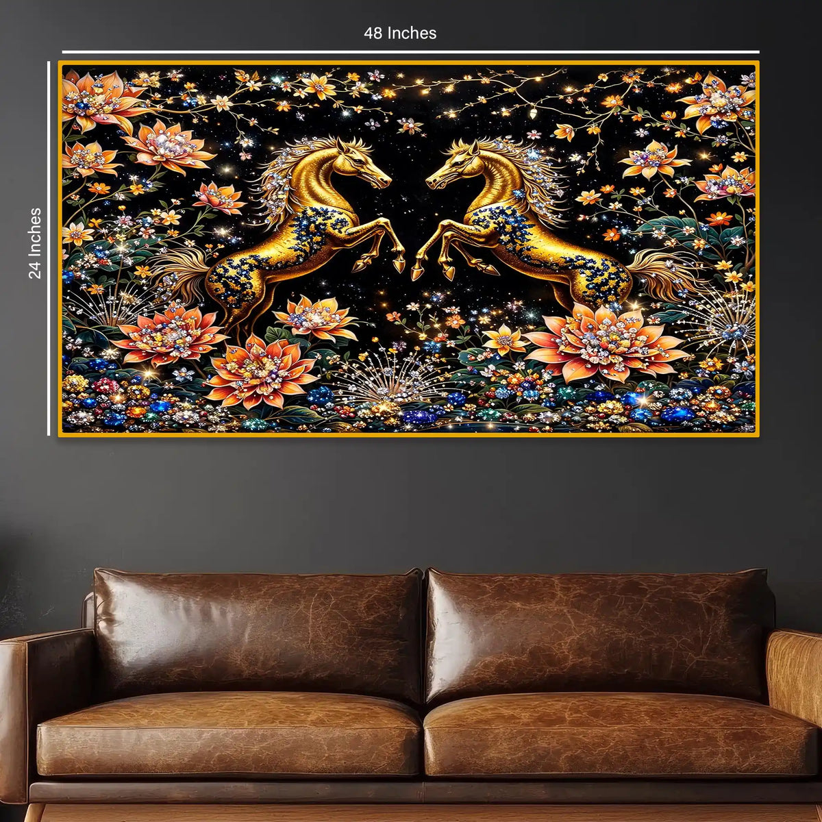 Royal Horse Pair Crystal Glass Wall Art Luxury Painting for Interior Decor