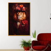 Royal Lion Portrait in Floral Hat Floating Frame Crystal Wall Painting
