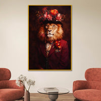Royal Lion Portrait in Floral Hat Floating Frame Crystal Wall Painting