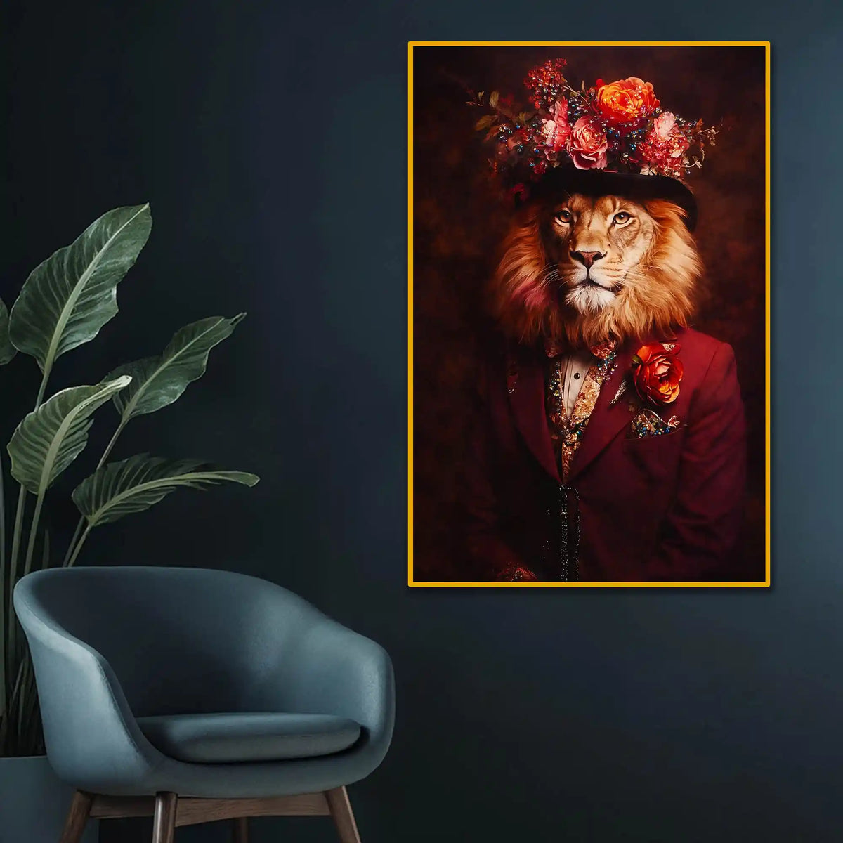 Royal Lion Portrait in Floral Hat Floating Frame Crystal Wall Painting