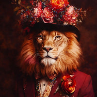 Royal Lion Portrait in Floral Hat Floating Frame Crystal Wall Painting