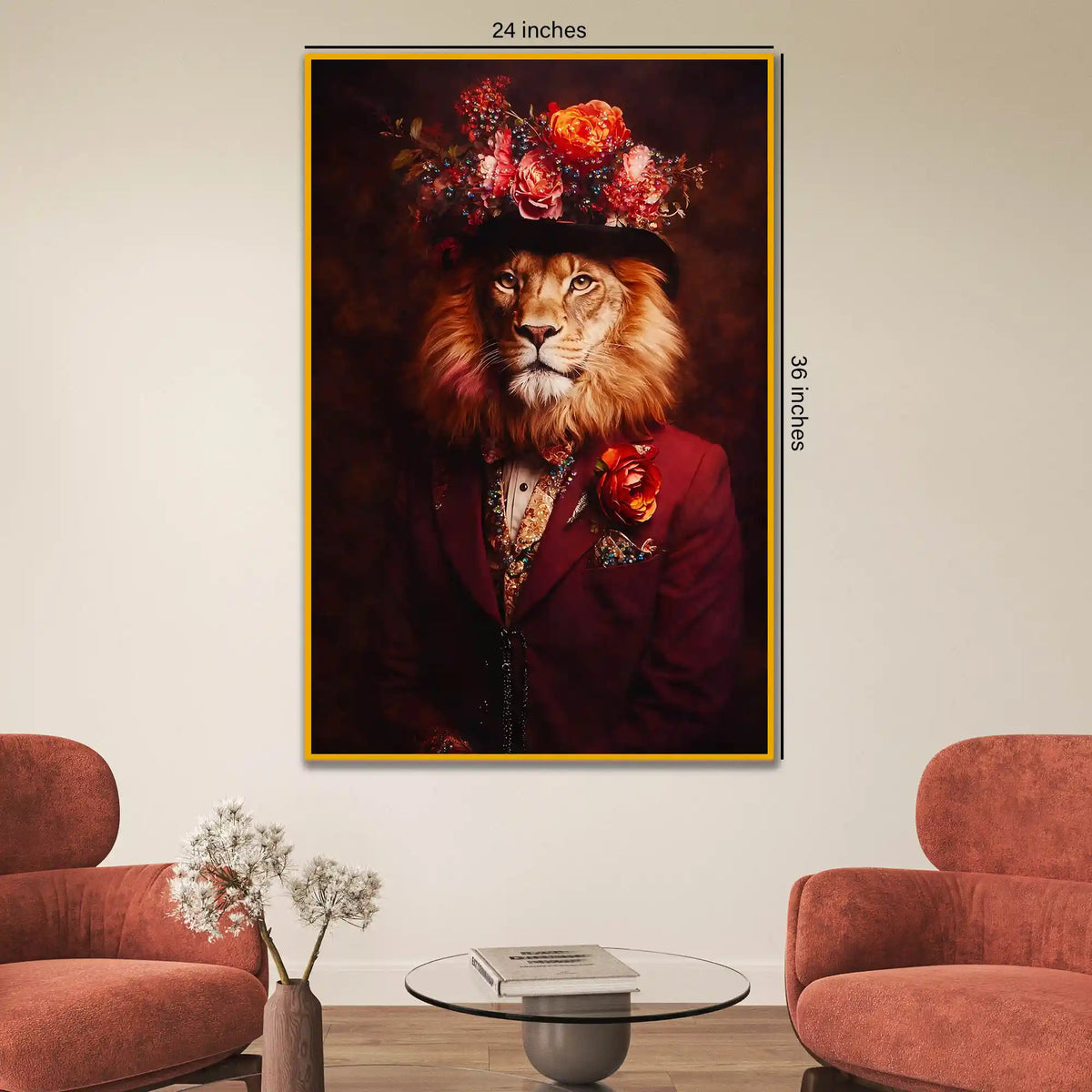 Royal Lion Portrait in Floral Hat Floating Frame Crystal Wall Painting