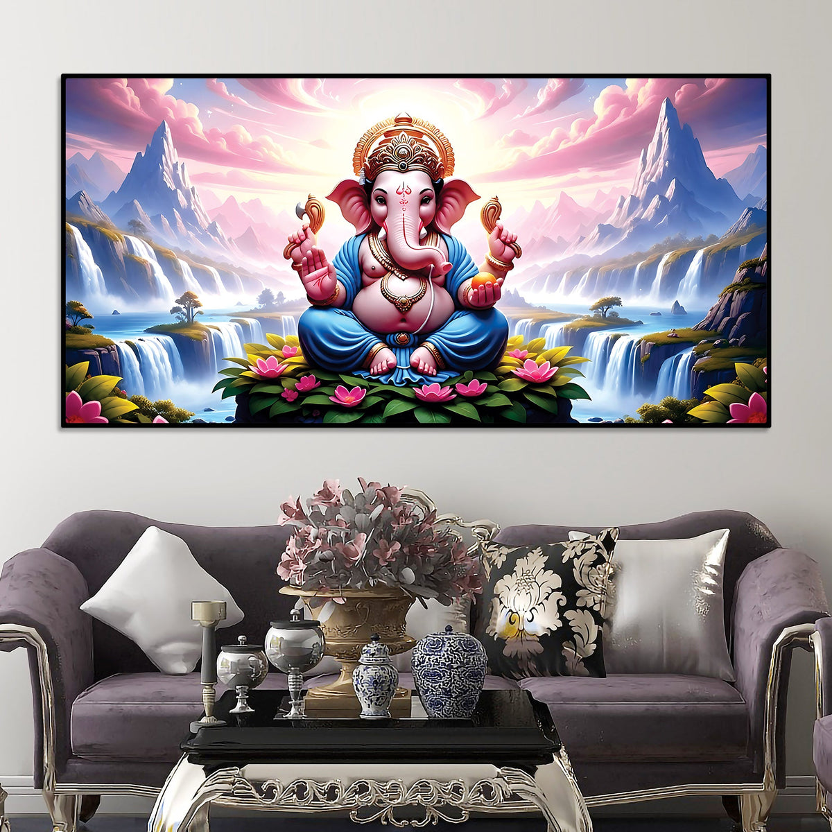 Royal Lord Ganesha Sitting Between Mountains & Waterfall Canvas Wall Painting For Home & Pooja Spaces – Modern Spiritual Wall Art