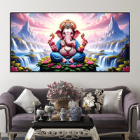 Royal Lord Ganesha Sitting Between Mountains & Waterfall Canvas Wall Painting For Home & Pooja Spaces – Modern Spiritual Wall Art