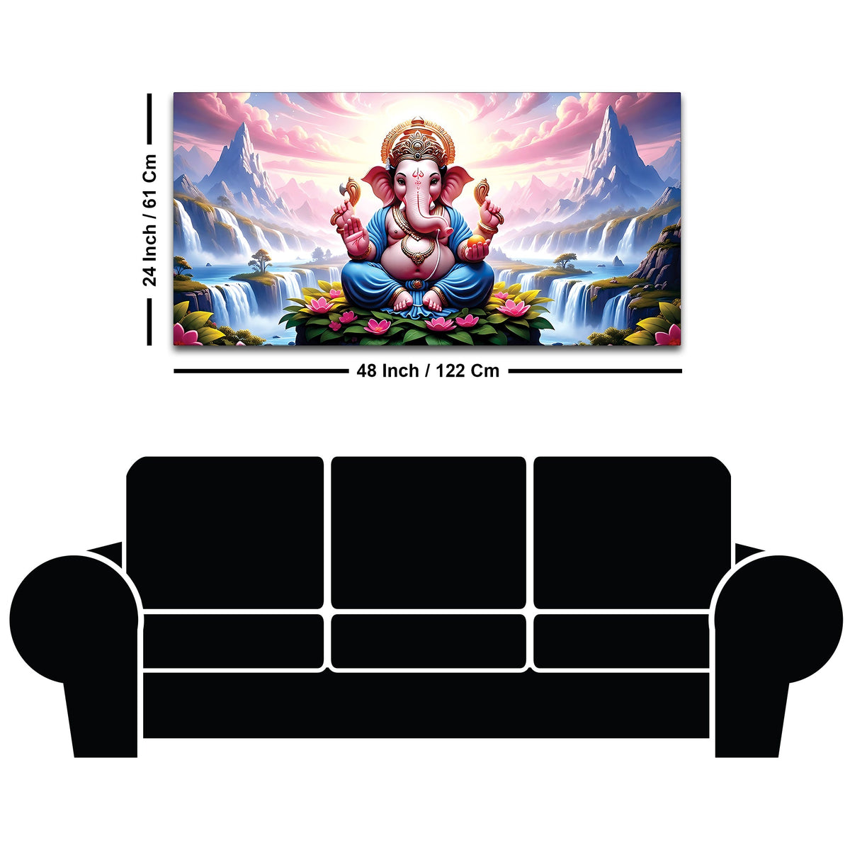 Royal Lord Ganesha Sitting Between Mountains & Waterfall Canvas Wall Painting For Home & Pooja Spaces – Modern Spiritual Wall Art