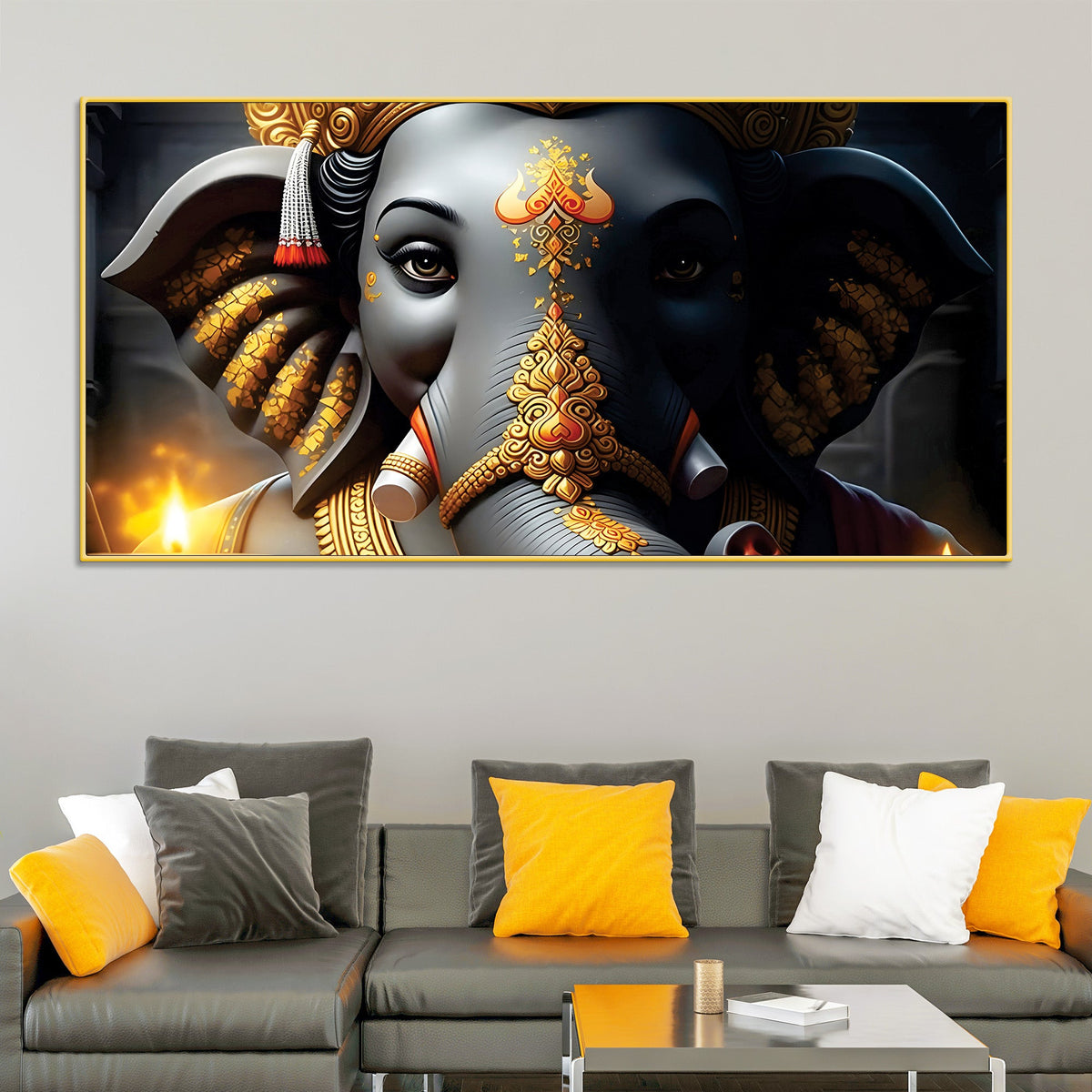 Royal Lord Shri Ganesha Grey & Dark Gold Canvas Wall Painting –  Luxury Spiritual Wall Art for Home & Office Decor