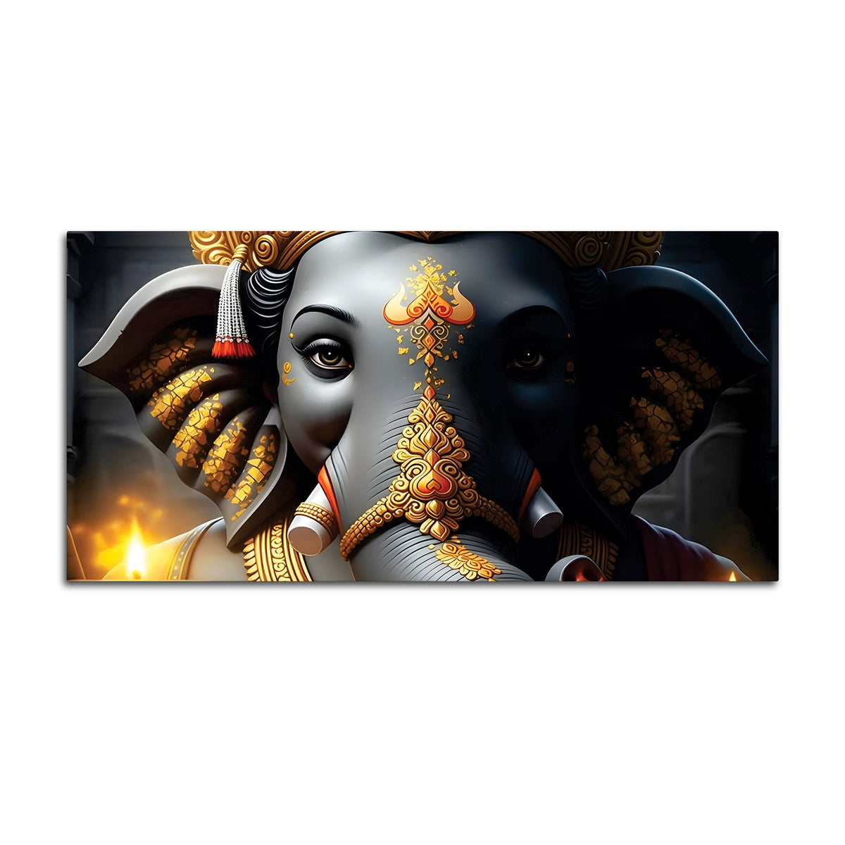 Royal Lord Shri Ganesha Grey & Dark Gold Canvas Wall Painting –  Luxury Spiritual Wall Art for Home & Office Decor