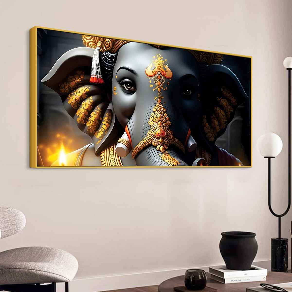 Royal Lord Shri Ganesha Grey & Dark Gold Canvas Wall Painting –  Luxury Spiritual Wall Art for Home & Office Decor