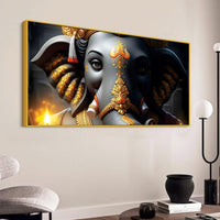 Royal Lord Shri Ganesha Grey & Dark Gold Canvas Wall Painting –  Luxury Spiritual Wall Art for Home & Office Decor