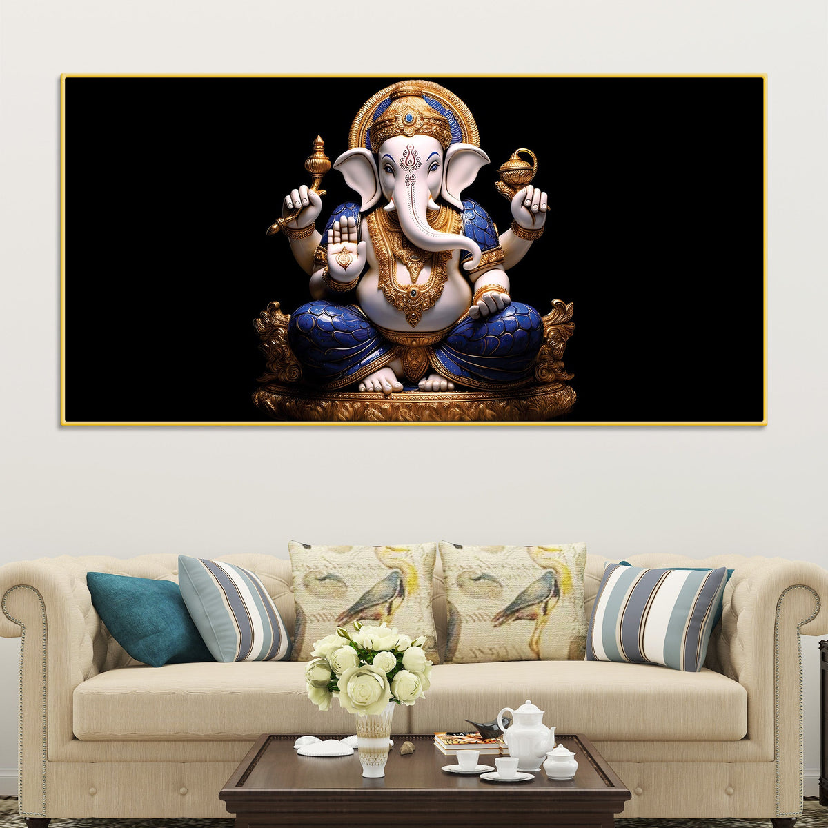 Royal Lord Shri Ganpati Bappa Auspicious Golden & Blue Sculpture Canvas Wall Painting for Home & Office – Modern Religious Wall Decor