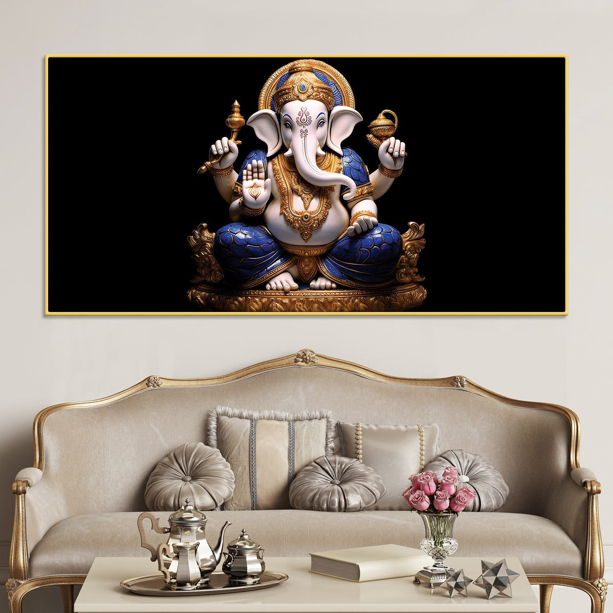 Royal Lord Shri Ganpati Bappa Auspicious Golden & Blue Sculpture Canvas Wall Painting for Home & Office – Modern Religious Wall Decor
