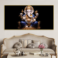 Royal Lord Shri Ganpati Bappa Auspicious Golden & Blue Sculpture Canvas Wall Painting for Home & Office – Modern Religious Wall Decor