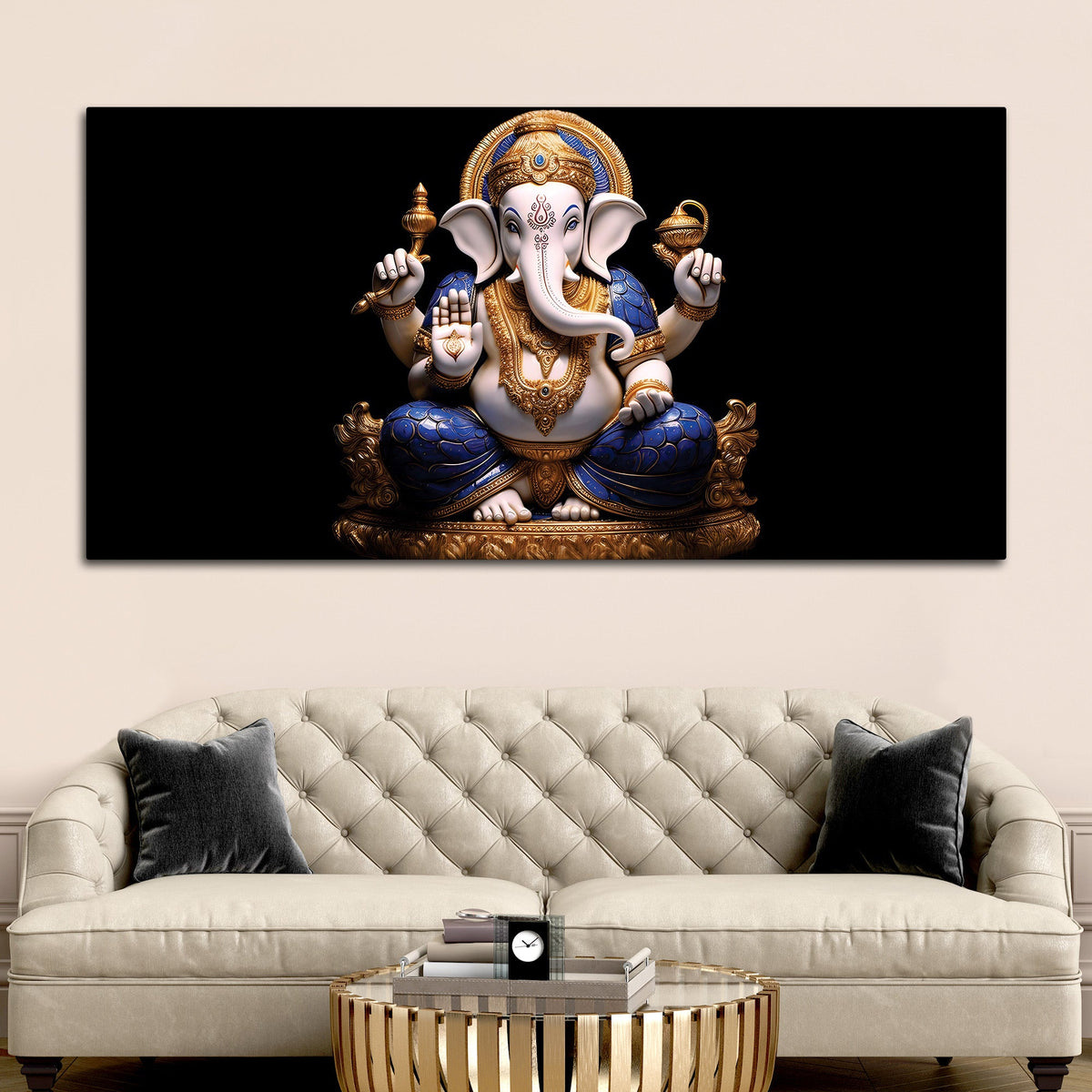 Royal Lord Shri Ganpati Bappa Auspicious Golden & Blue Sculpture Canvas Wall Painting for Home & Office – Modern Religious Wall Decor
