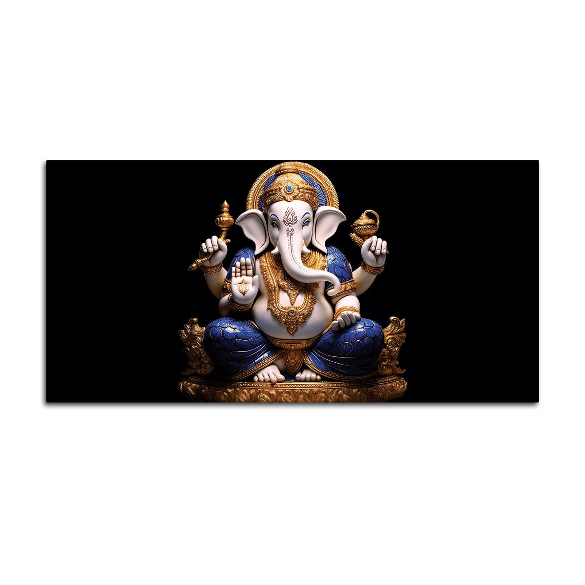 Royal Lord Shri Ganpati Bappa Auspicious Golden & Blue Sculpture Canvas Wall Painting for Home & Office – Modern Religious Wall Decor