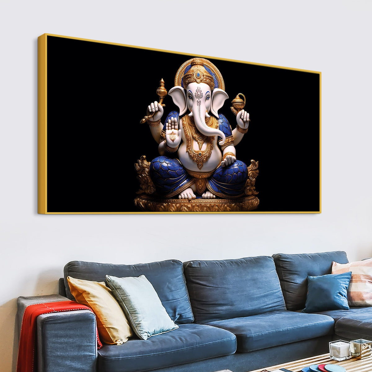 Royal Lord Shri Ganpati Bappa Auspicious Golden & Blue Sculpture Canvas Wall Painting for Home & Office – Modern Religious Wall Decor