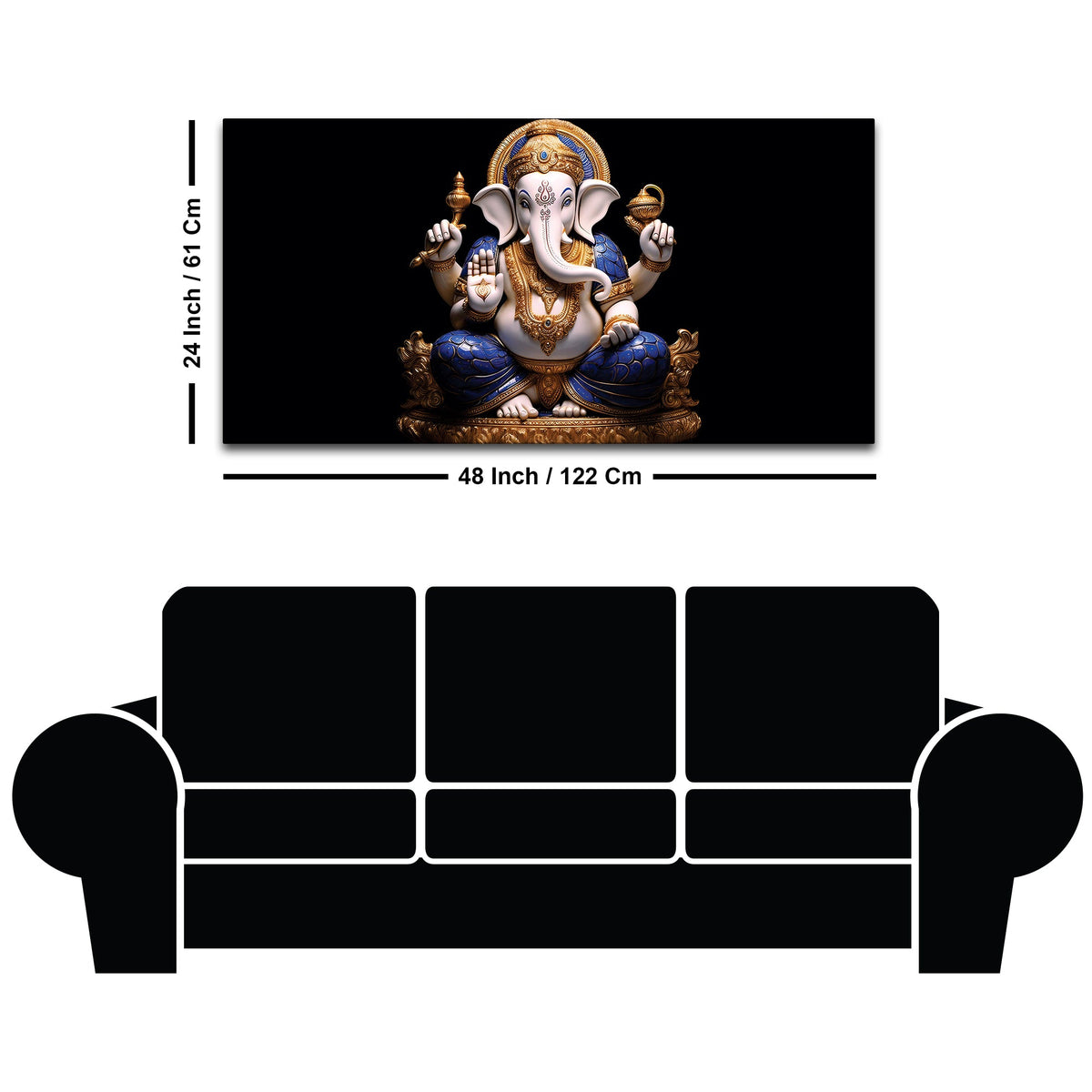 Royal Lord Shri Ganpati Bappa Auspicious Golden & Blue Sculpture Canvas Wall Painting for Home & Office – Modern Religious Wall Decor