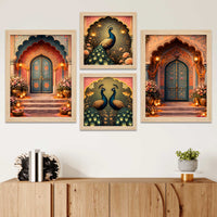 Royal Mughal Doorway & Peacock Art Wall Frame Set of Four