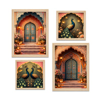Royal Mughal Doorway & Peacock Art Wall Frame Set of Four