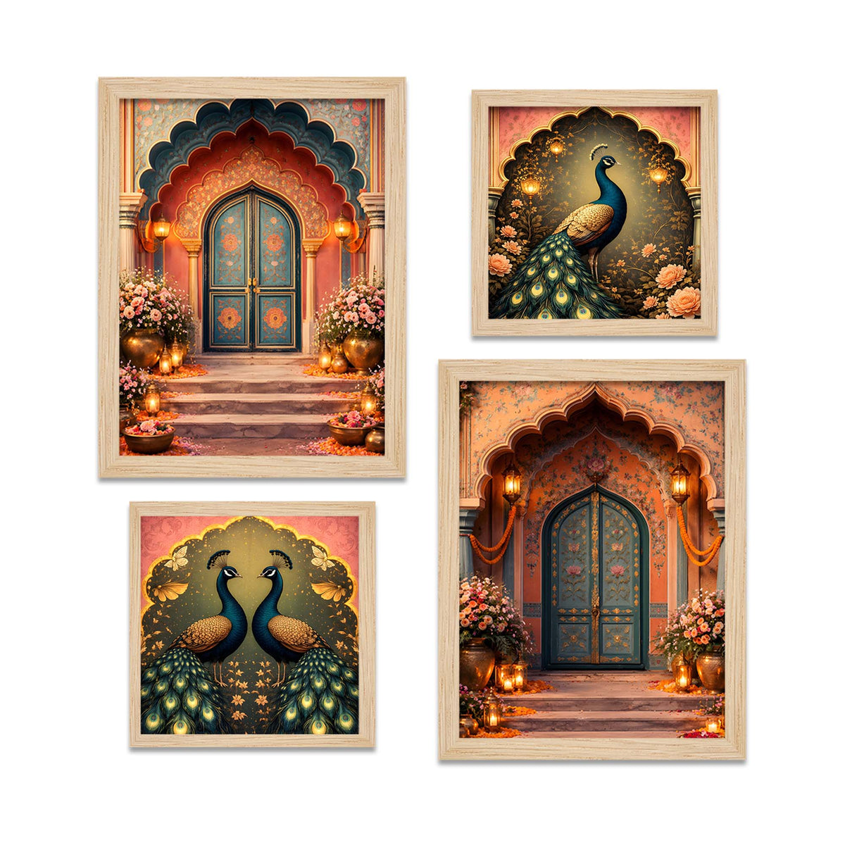 Royal Mughal Doorway & Peacock Art Wall Frame Set of Four