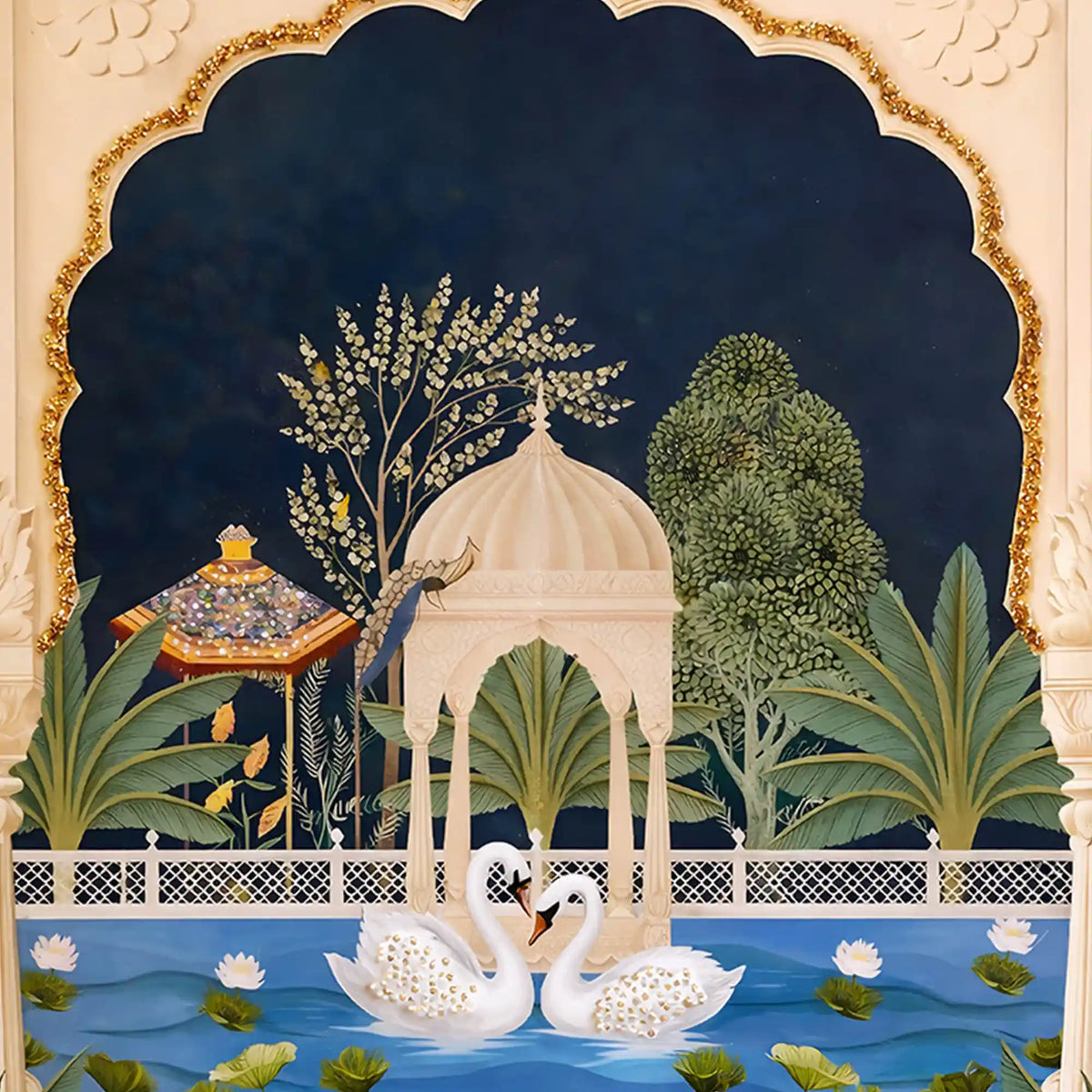 Royal Mughal Garden Floating Frame Crystal Wall Painting