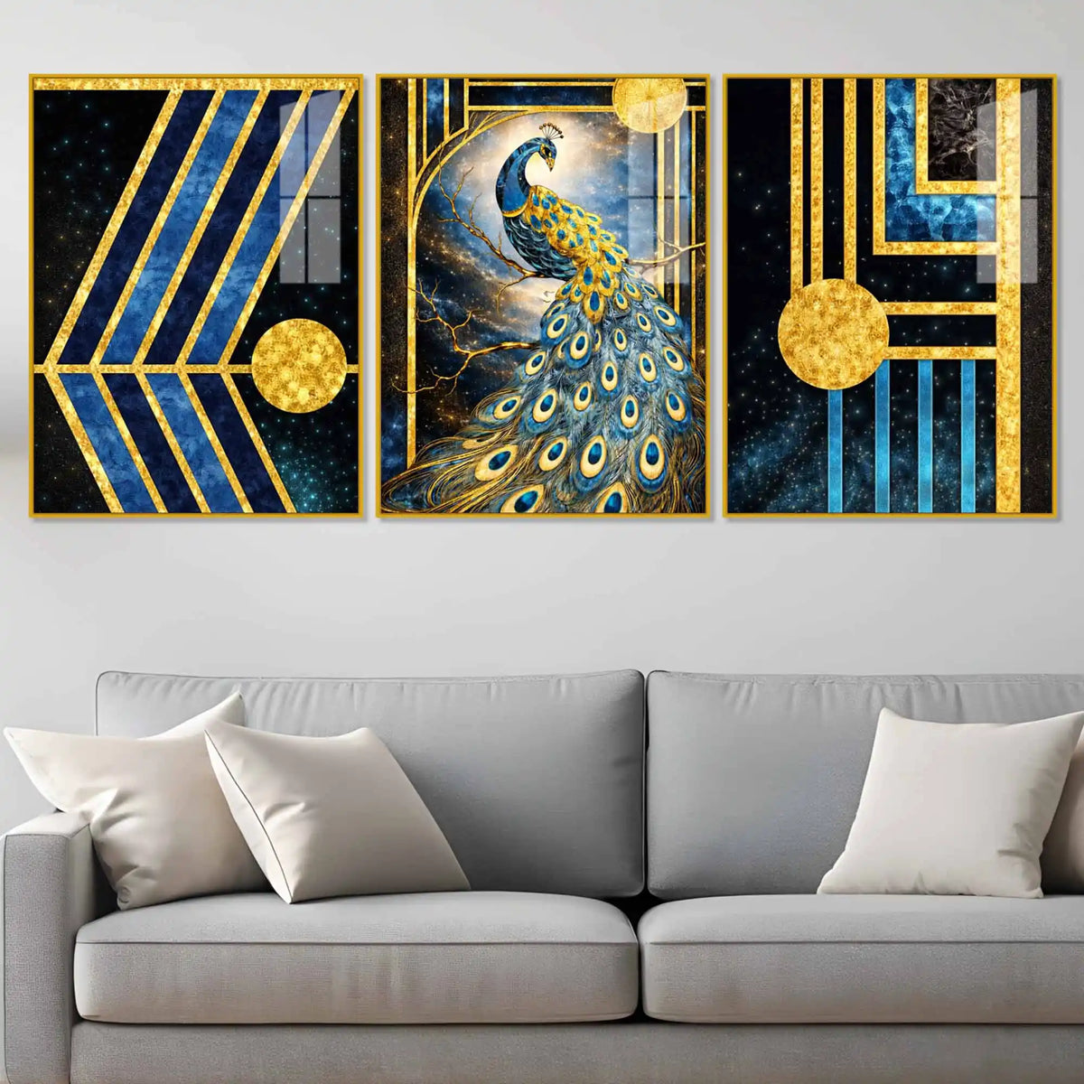 Royal Peacock Cosmic Elegance Acrylic Floating Frame Wall Painting Set of 3