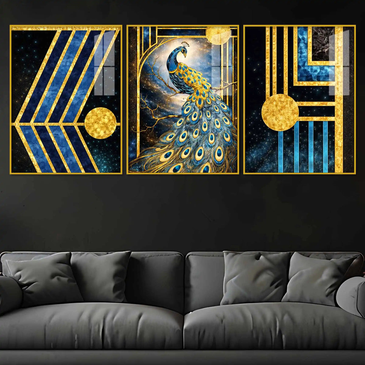 Royal Peacock Cosmic Elegance Acrylic Floating Frame Wall Painting Set of 3