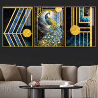 Royal Peacock Cosmic Elegance Acrylic Floating Frame Wall Painting Set of 3