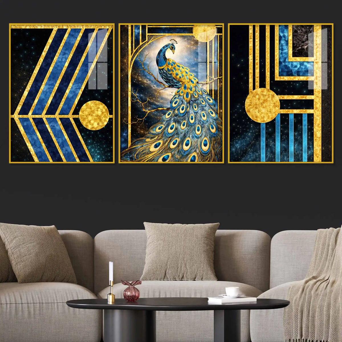 Royal Peacock Cosmic Elegance Acrylic Floating Frame Wall Painting Set of 3