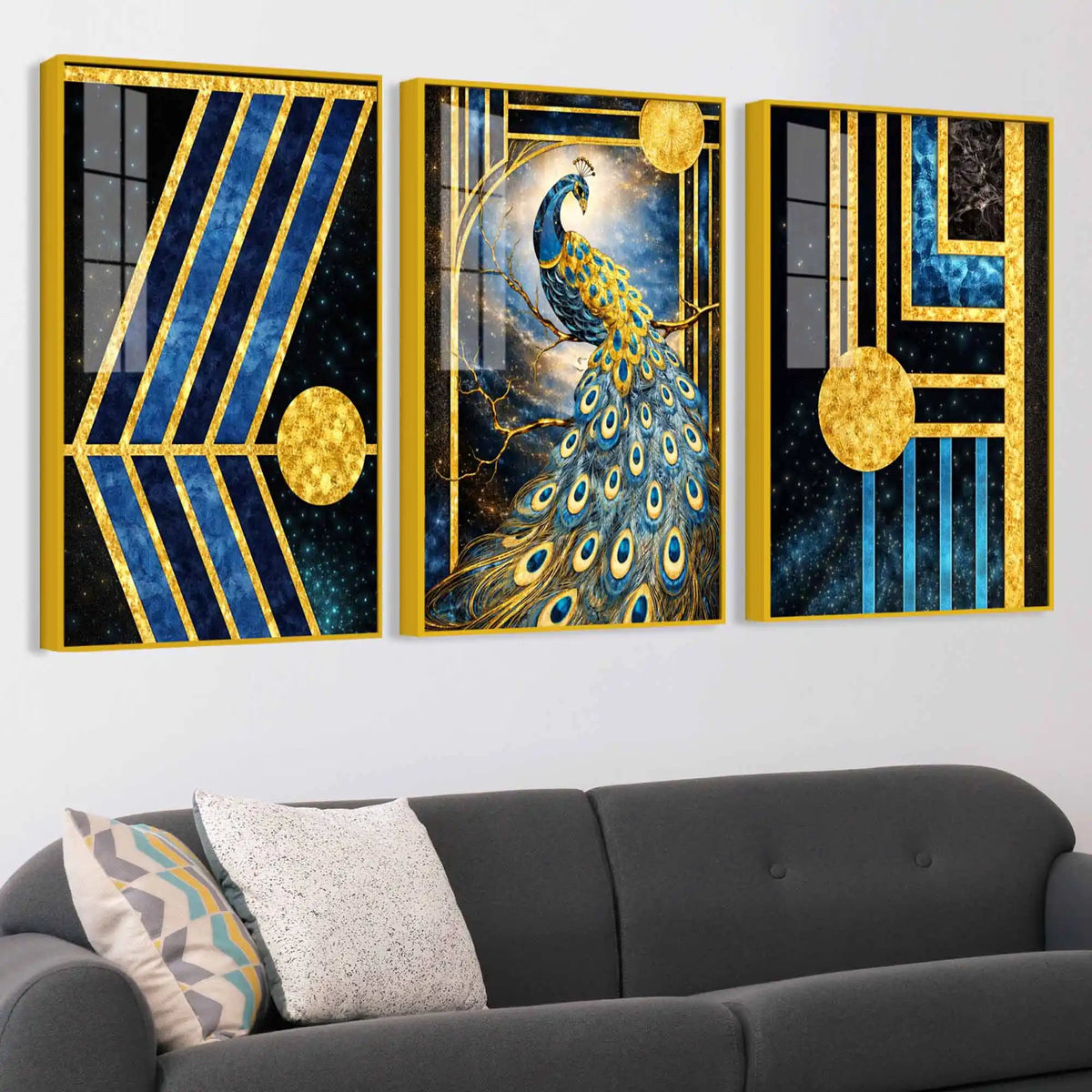 Royal Peacock Cosmic Elegance Acrylic Floating Frame Wall Painting Set of 3