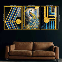 Royal Peacock Cosmic Elegance Acrylic Floating Frame Wall Painting Set of 3