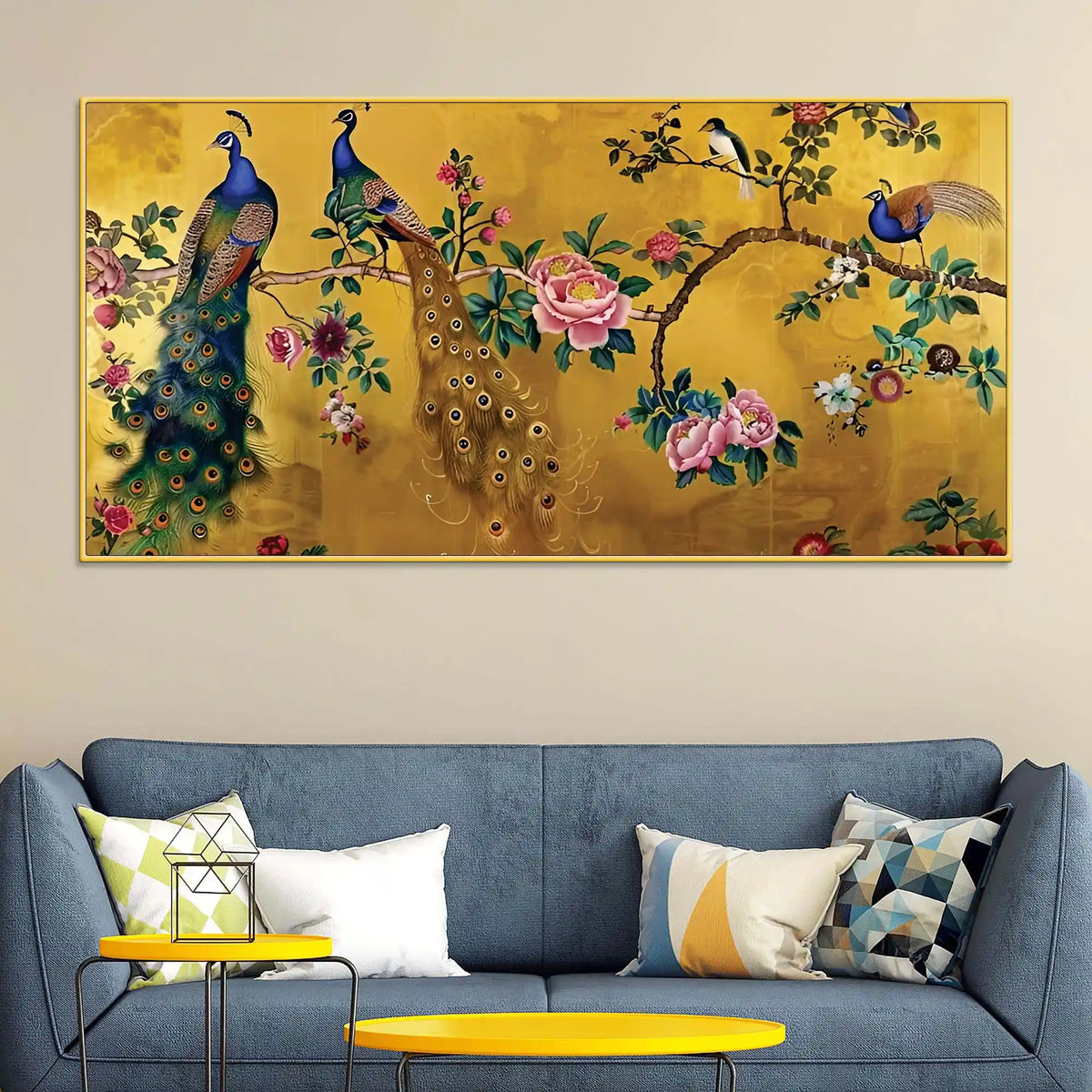 Royal Peacock Couple Sitting On Floral Tree Branch Classic Canvas Wall Painting
