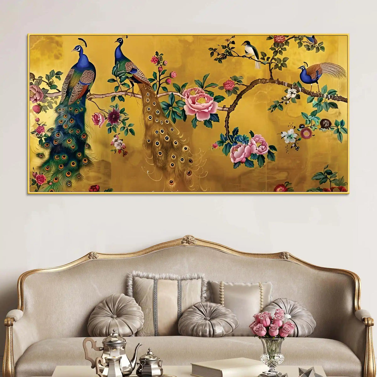 Royal Peacock Couple Sitting On Floral Tree Branch Classic Canvas Wall Painting