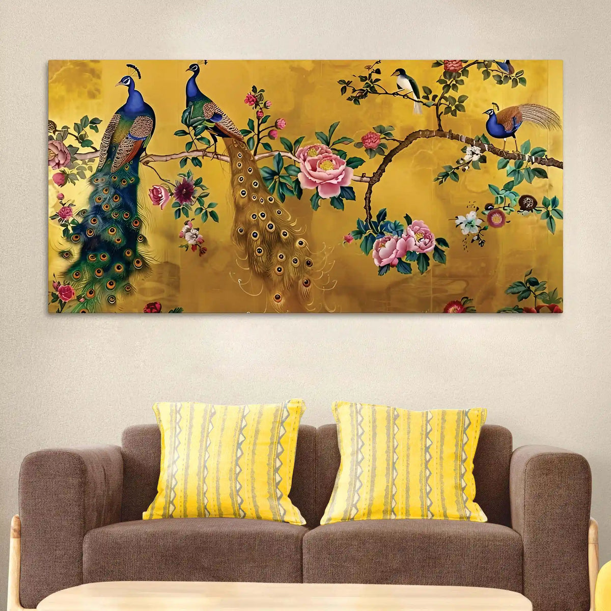 Royal Peacock Couple Sitting On Floral Tree Branch Classic Canvas Wall Painting