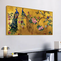 Royal Peacock Couple Sitting On Floral Tree Branch Classic Canvas Wall Painting