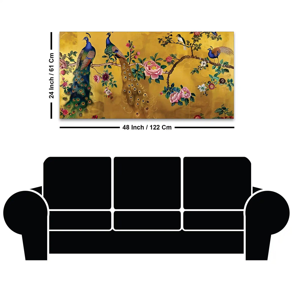 Royal Peacock Couple Sitting On Floral Tree Branch Classic Canvas Wall Painting
