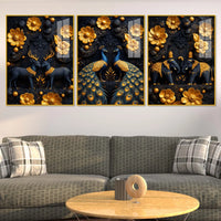 Royal Peacock Deer & Elephant Floating Acrylic Wall Painting Set of 3