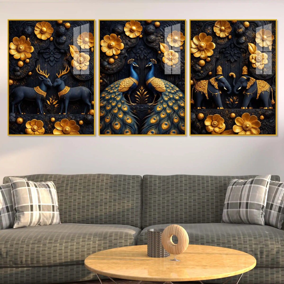 Royal Peacock Deer & Elephant Floating Acrylic Wall Painting Set of 3