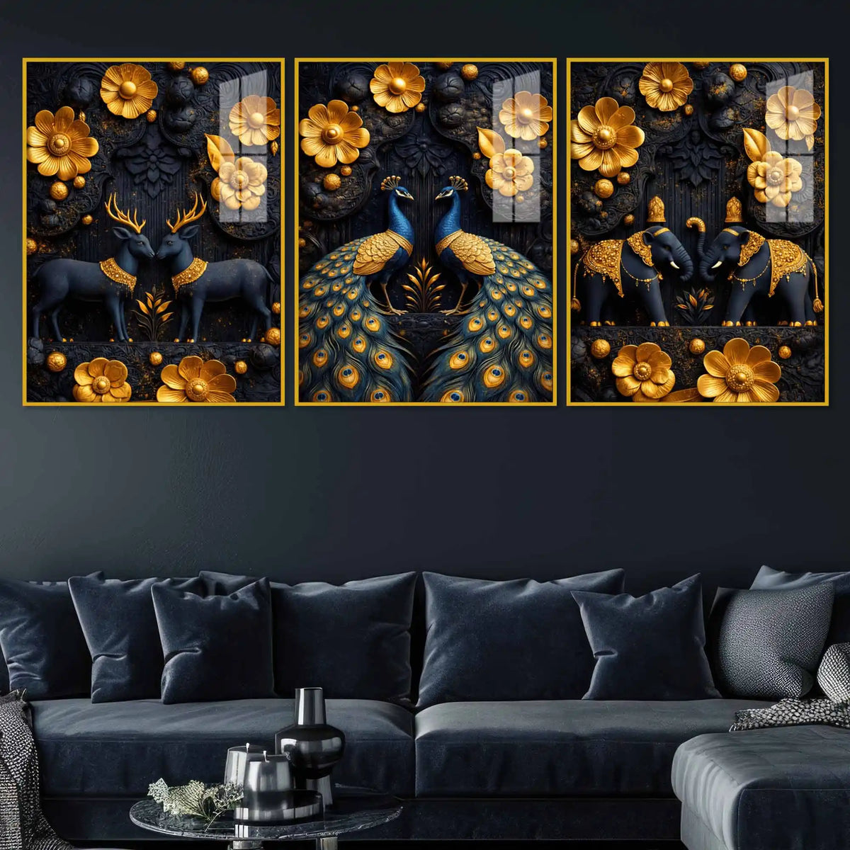 Royal Peacock Deer & Elephant Floating Acrylic Wall Painting Set of 3